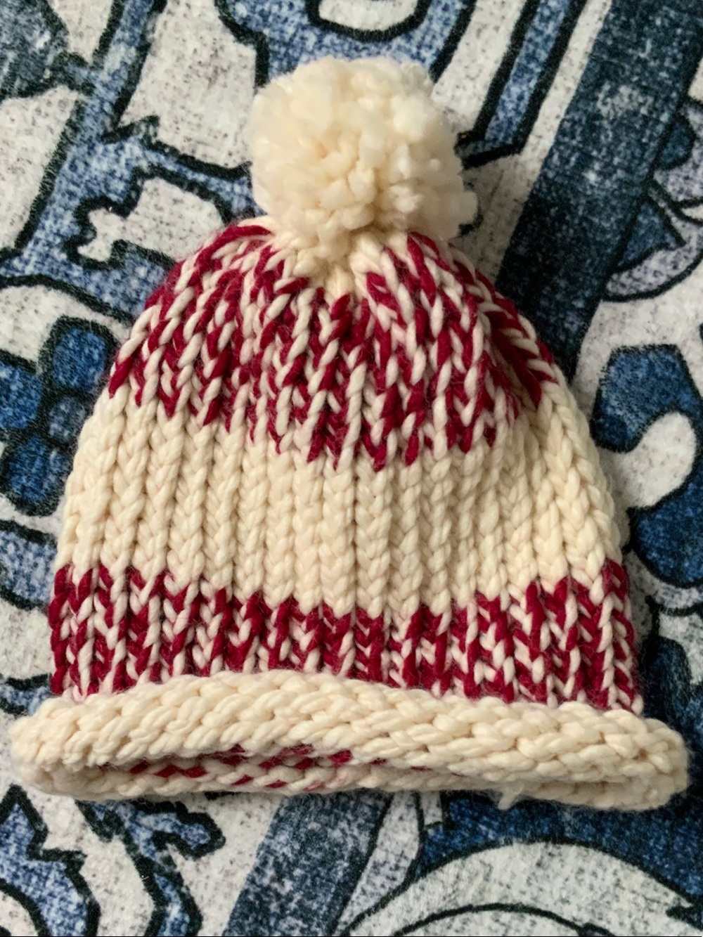Cream and Red Pom Beanie for Kids - Cozy Winter Hat